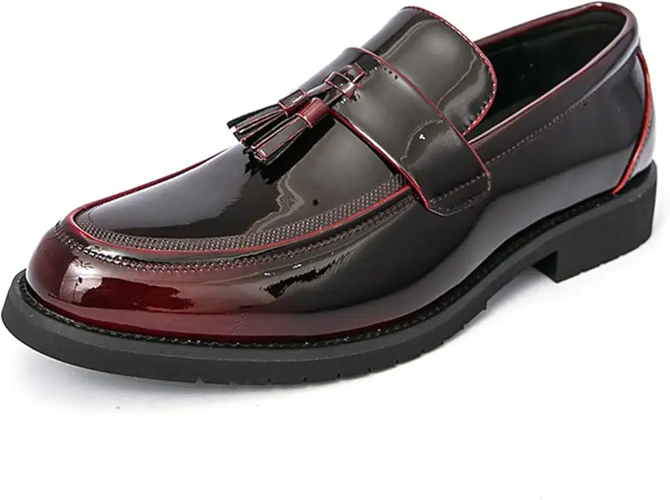 Mens Patent Leather Tassel Loafers Fashion Comfy Slip On Low Block Heel Penny Shoes for Dressy Business Work Party Prom