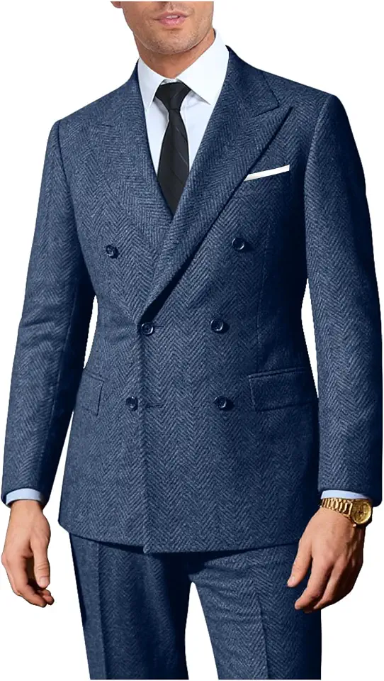 Global Recycled Standard Retro 2 Pieces Suit Men Tweed Herringbone Tuxedo Jacket Pants Set