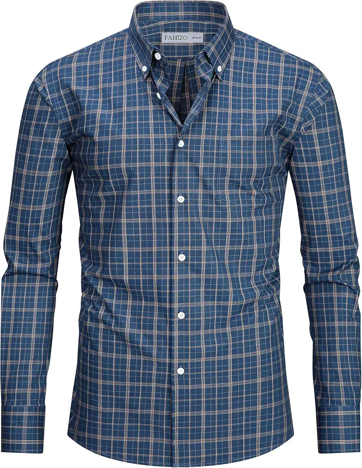 FAHIZO Men's Plaid Dress Shirt Long Sleeve Button Down Casual Business Shirt Wrinkle Free Regular Fit Cotton Blend