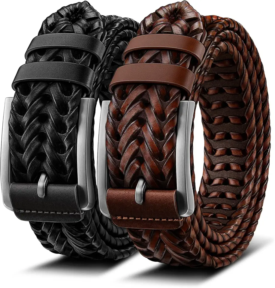 BULLIANT 2-Pack Braided Woven Leather Belts for Men 1 3/8"-Gift Boxed