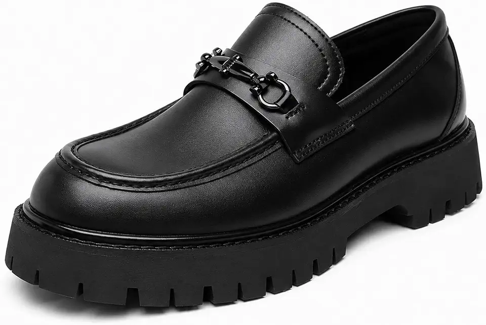 Men's Patent Leather Chunky Platform Loafers, Slip On Horsebit Dress Shoes with Non-Slip Lug Sole, Classic Round Toe Business Casual Shoes for Office, Work, Wedding & Formal Events