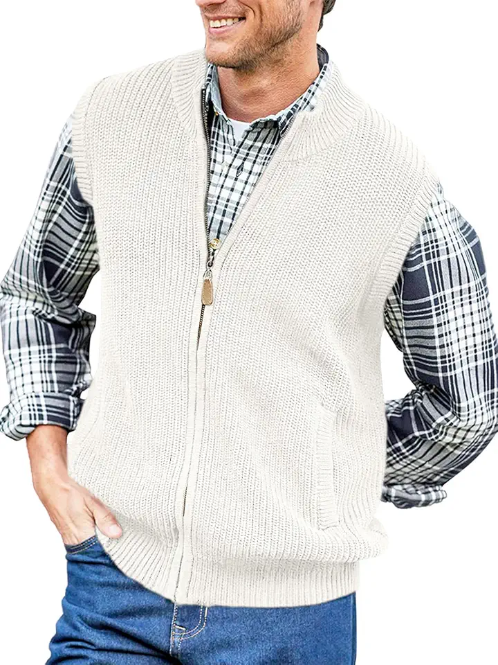 Ryannology Mens Full Zip Up Sweater Vest Casual Slim Fit Knitted Cardigan