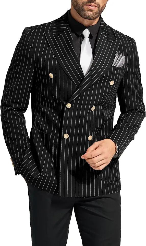 Suits for Men 2 Pcs Double Breasted Suit Stripes Blazer&Black Pants