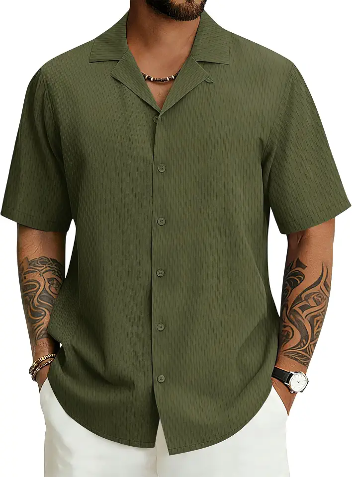 Cotrasen Men's Cuban Collar Shirt Short Sleeve Button Down Summer Shirts