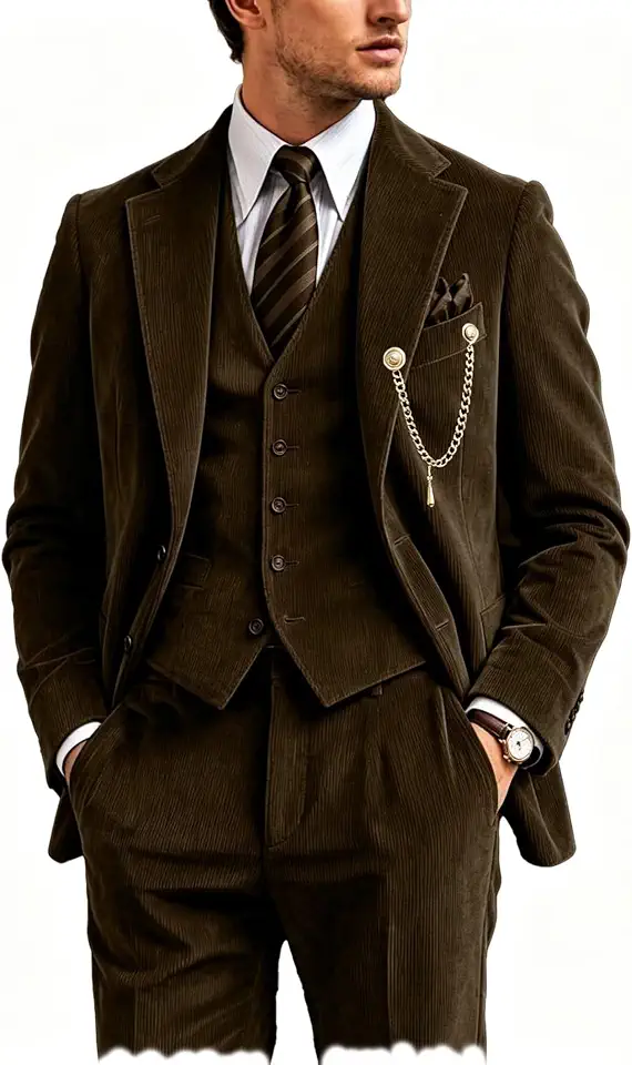 Global Recycled Standard Fxzpiodi Men's Slim Fit Corduroy 3 Piece Suit Blazer Vest Pant Wedding Prom