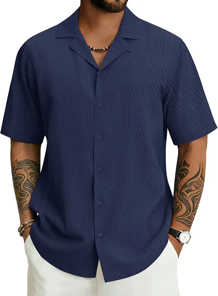 Cotrasen Men's Casual Short Sleeve Button Down Shirt Cuban Textured Summer Beach Shirts
