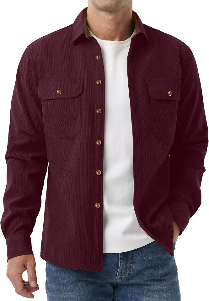 Askdeer Men's Casual Shirts Fleece Corduroy Button Down Shirts Chunky Warm Long Sleeve Jacket with Flap Pockets