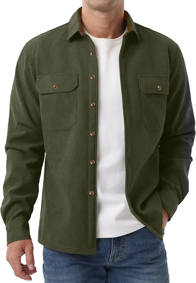 Askdeer Men's Casual Shirts Fleece Corduroy Button Down Shirts Chunky Warm Long Sleeve Jacket with Flap Pockets
