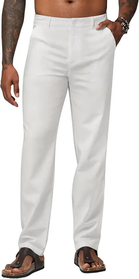 Men's Linen Pants Straight Leg with Pockets 28"/30"/32" | Lightweight Casual Breathable with Belt Loop Button for Summer Beach Vacation Work