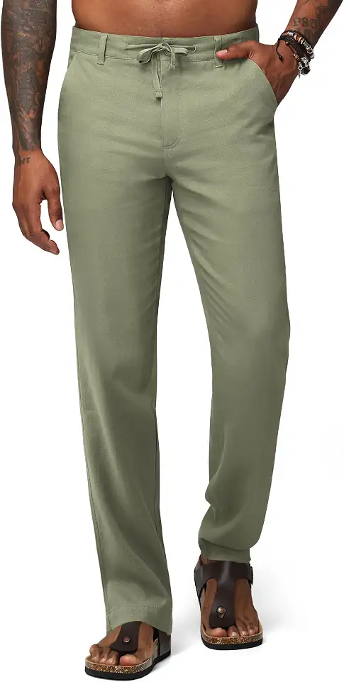 Men's Linen Pants with Drawstring Pockets Straight Leg
