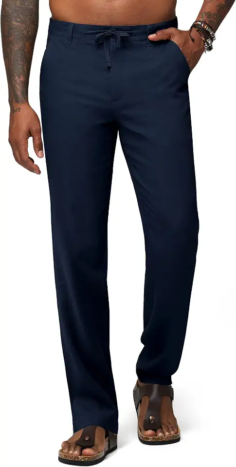 Men's Linen Pants with Drawstring Pockets Straight Leg