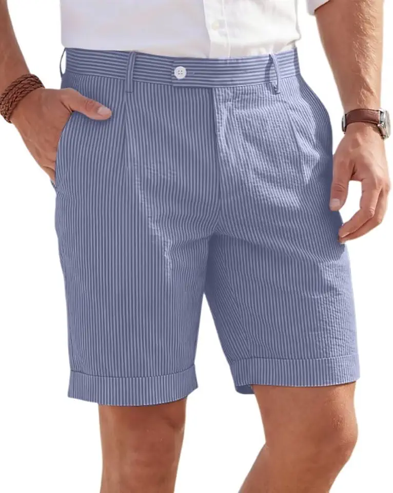 Seersucker Mens Shorts Pant Summer Striped Slim Fit Flat Front Short Pants