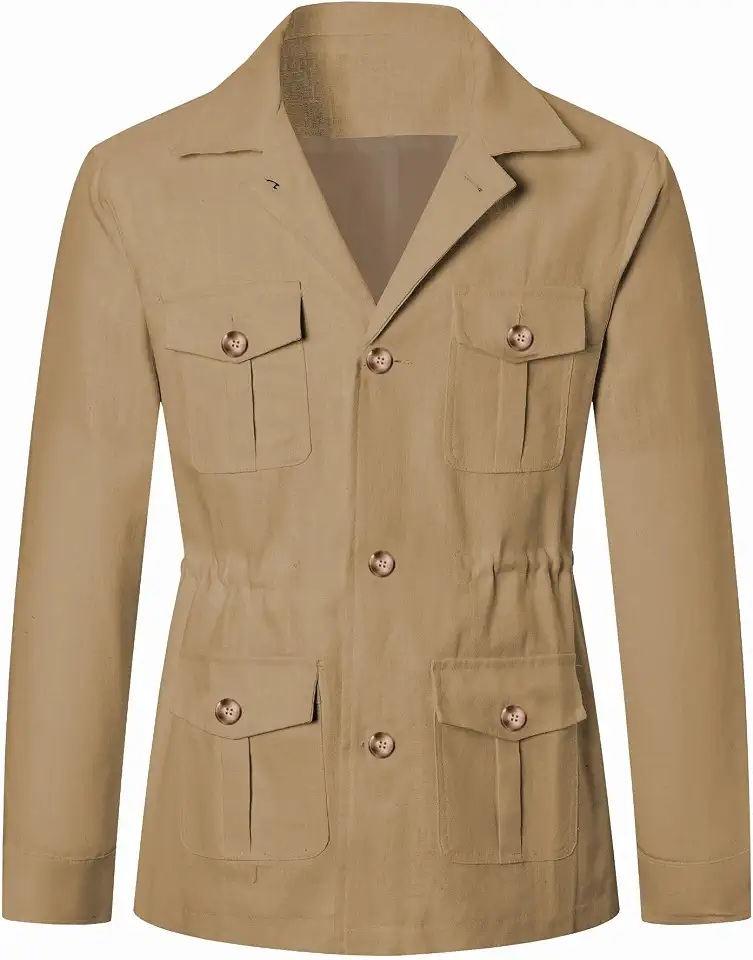 Betusline Men's Safari Linen Long Sleeve Military Cargo Jacket