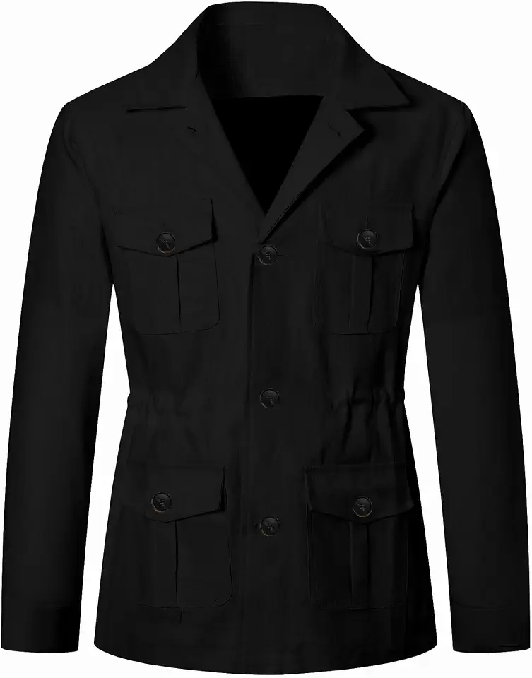 Betusline Men's Safari Linen Long Sleeve Military Cargo Jacket