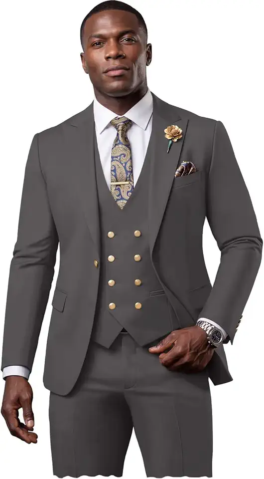 Wehilion 3 Piece Suits for Men Slim Fit Tuxedo Jacket with Gold Button