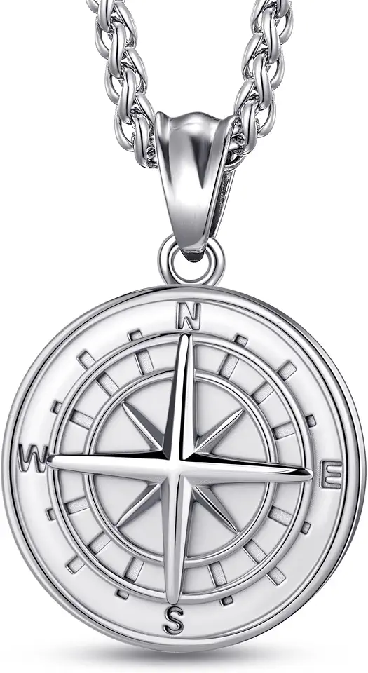 Compass Pendant Necklace for Men Navigator Necklace with 24 Inch Stainless Steel Chain