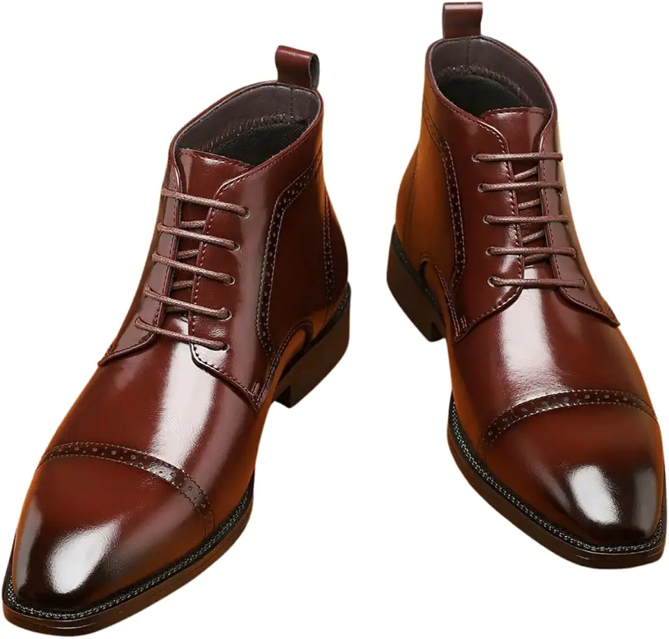 Santimon Men's Leather Lace-Up Dress Oxford Boots Cap-Toe Glossy Formal Ankle Boot