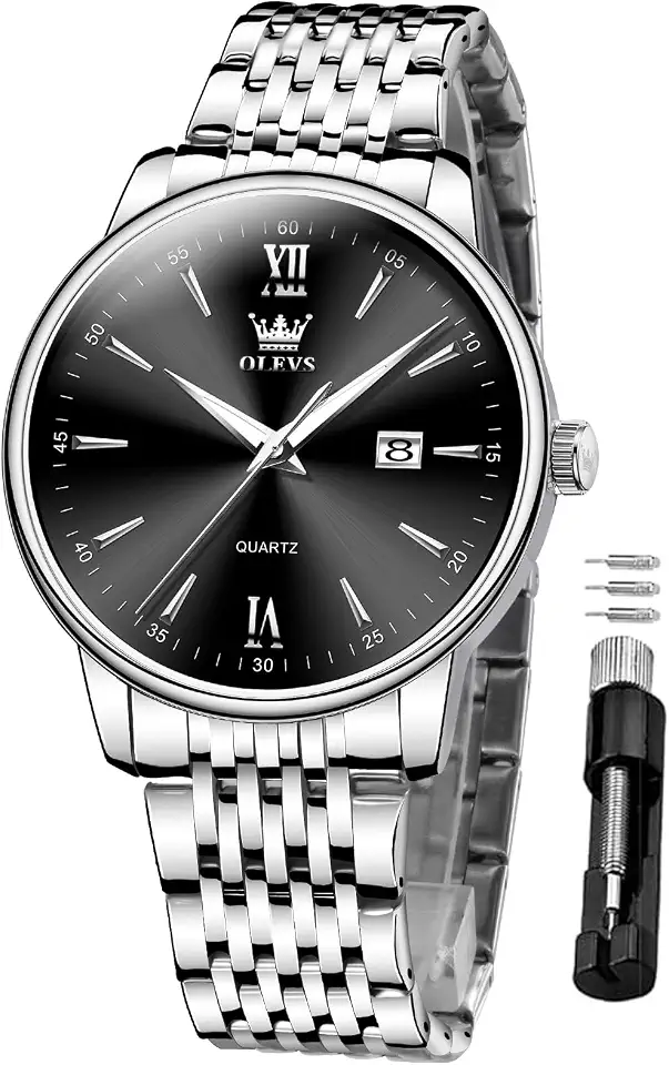 OLEVS Mens Watches Dress Waterproof Watch with Date Day Analog Quartz Stainless Steel Watch Large Number Classic Luxury Luminous Scales 41mm Big Face Easy Read Reloj Hombre