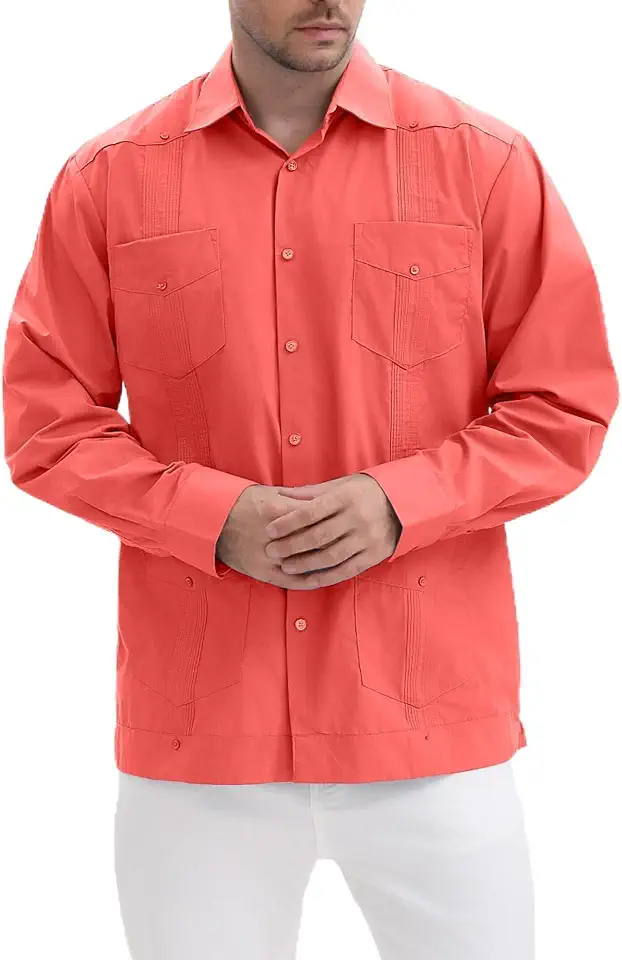 Men's Long Sleeve Guayabera Shirt Cuban Cotton Snap Button Shirt with Casual Wear