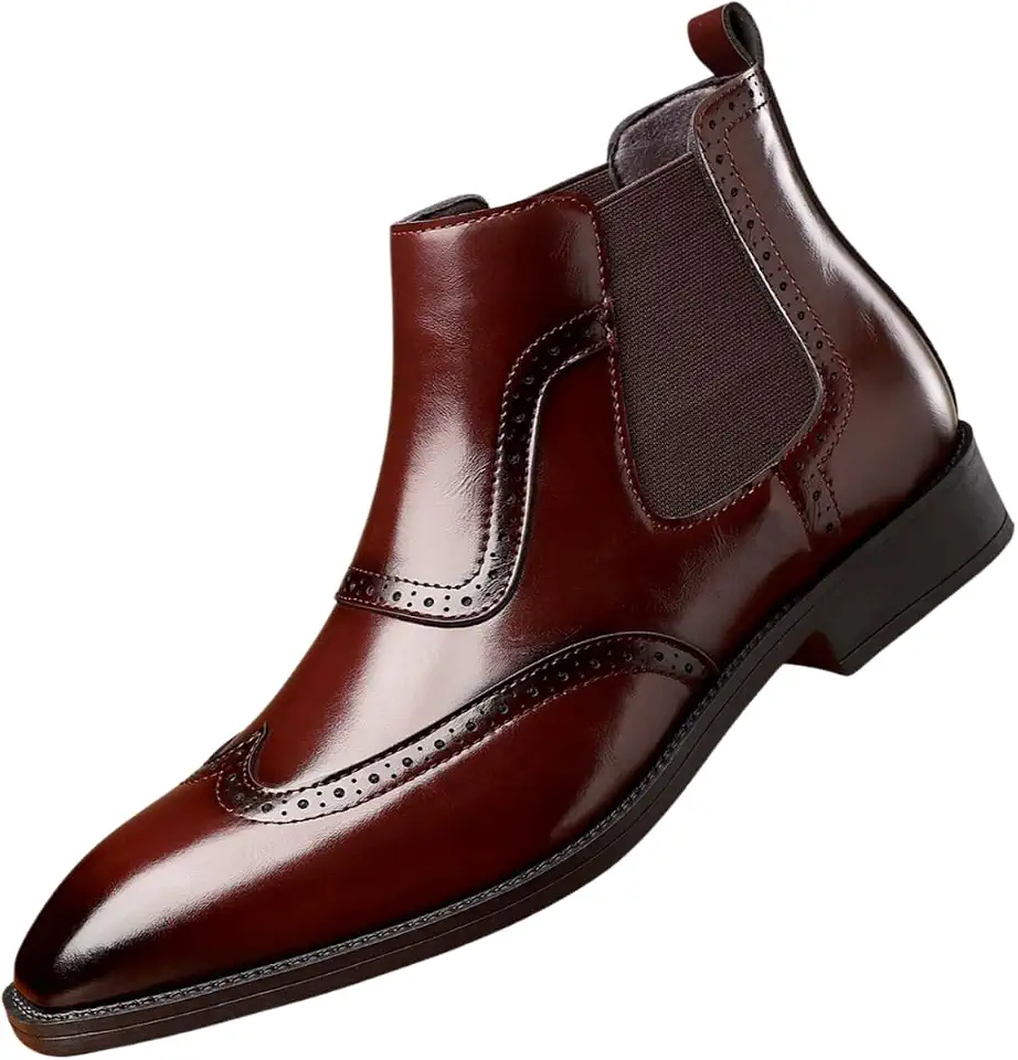 Santimon Men's Leather Chelsea Boots Brogue Formal Casual Slip-on Ankle Dress Shoes
