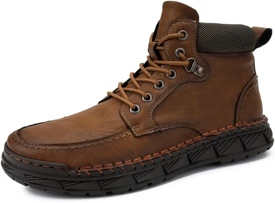 Men's Classic Moc-Toe Ankle Boots, Premium Leather, Lace-up Combat Style, Brown and Tan, Casual Work Wear