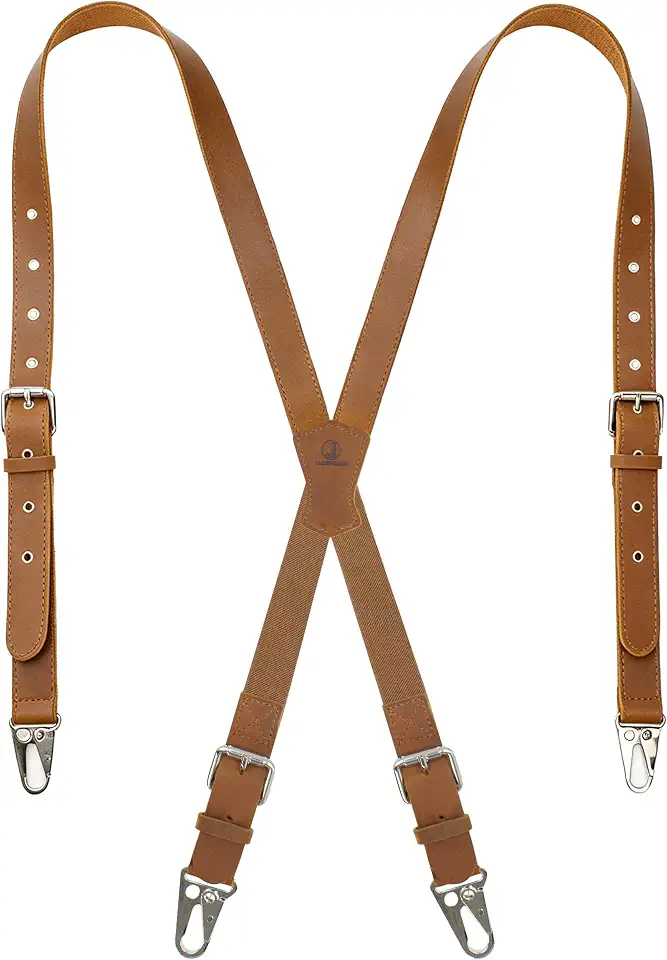 Genuine Leather X-Shaped Suspenders for Men, Solid 1 Inch Adjustable Heavy Duty Suspenders with Sturdy Clips