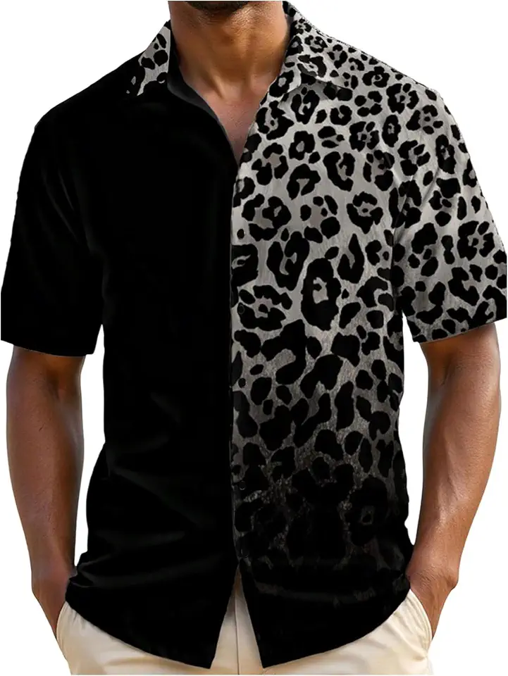 VIPWOLF Men's Leopard Shirt Button Down Short Sleeve Cheetah Animal Tops
