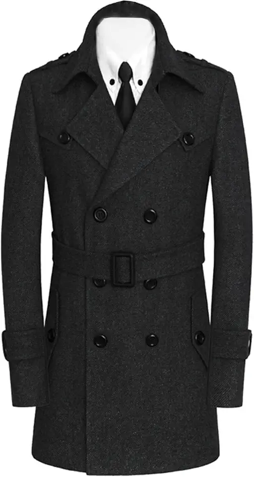 xxxiticat Men's Black Trench Coat Long Sleeve Notch Lapel Double Breasted Classic Belted Wool Blend Pea Coat Long Overcoat