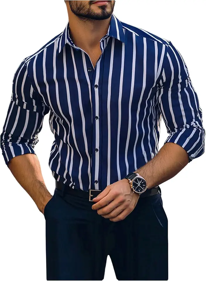 GORGLITTER Men's Striped Button Up Dress Shirt Long Sleeve Formal Top