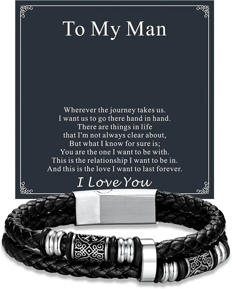 Recycled Claim Standard 100 U7 Black Braided Leather Bracelets Gift for Men Leather Link Stainless Steel Celtic Knot Beads Cuff Bracelet with Love Card Birthday Christmas Gift for Dad Husband
