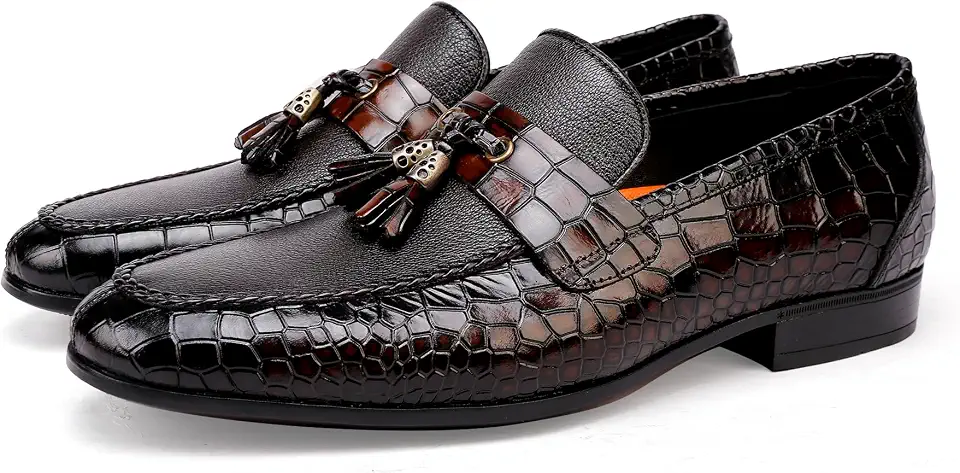 Men's Leather Tassel Loafers - Comfortable and Durable Slip-On Driving Moccasins with Traction, Classic Crocodile Print Penny Loafers for Wedding, Party & Formal Dress