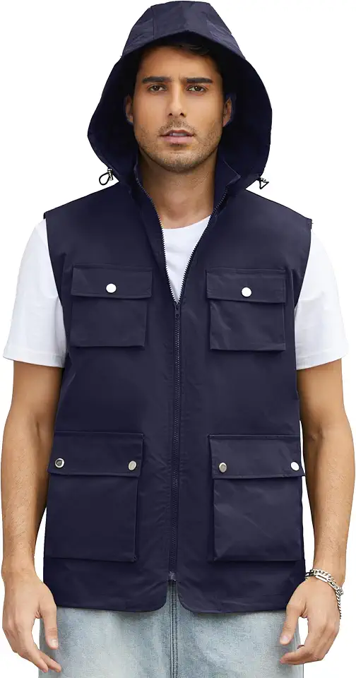 PESION Men's Packable Utility Vest Waterproof Windbreaker Cargo Vest Lightweight Outdoor Travel Fishing Vest