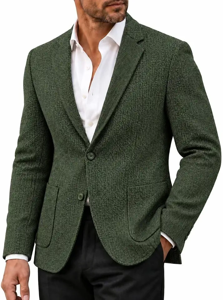 Men Herringbone Tweed Blazer Vintage Wool Blend Sport Coat for Men