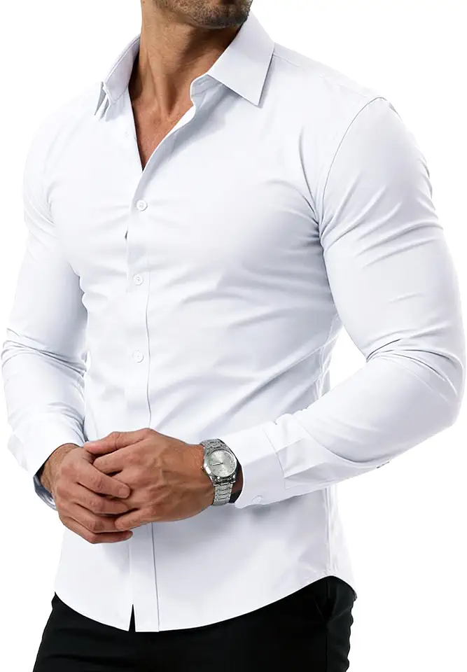 PLEPAN Men's Dress Shirt Slim Fit Stretch Stain Proof Wrinkle-Free Long Sleeve Business Wedding Button Down Shirts
