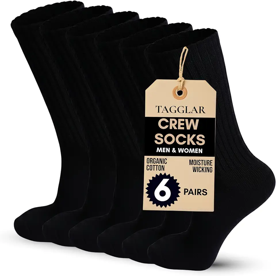 Athletic Crew Socks for Men & Women – 78% Organic Cotton, Cushioned Sole, Arch Support, Moisture Wicking (6 Pairs)
