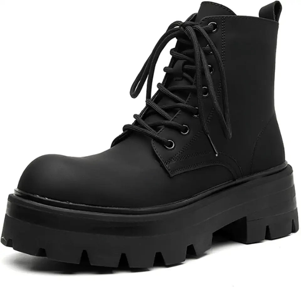 CrazySavage Men's Black Leather Lace-up Platform Combat Boots Wide Toe Side Zipper Chunky Heel Lug Sole Ankle Booties Comfort High Top Waterproof Biker Boots