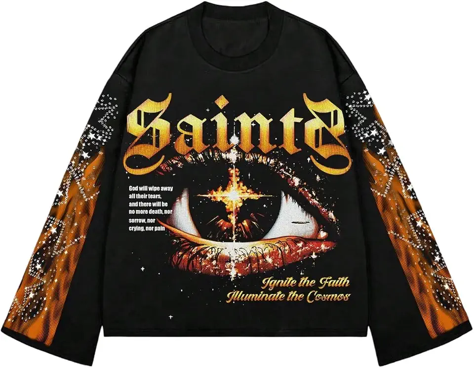 Verdusa Men's Rhinestone Graphic Tees Long Sleeve Y2K Tee Shirts Streetwear | Lightweight Sweatshirts for Men, Y2k Shirts Men, Long Sleeve Graphic Tees, Grunge Clothes Men
