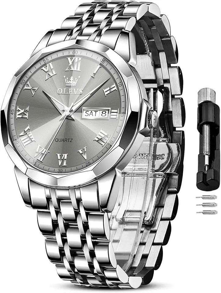 OLEVS Classic Mens Silver Watch, Luxury Stainless Steel Band, Waterproof Analog Quartz Men's Dress Watches, Classic Casual Menwrist Watch Large Face, Premium Gift for Anniversary Father's Day