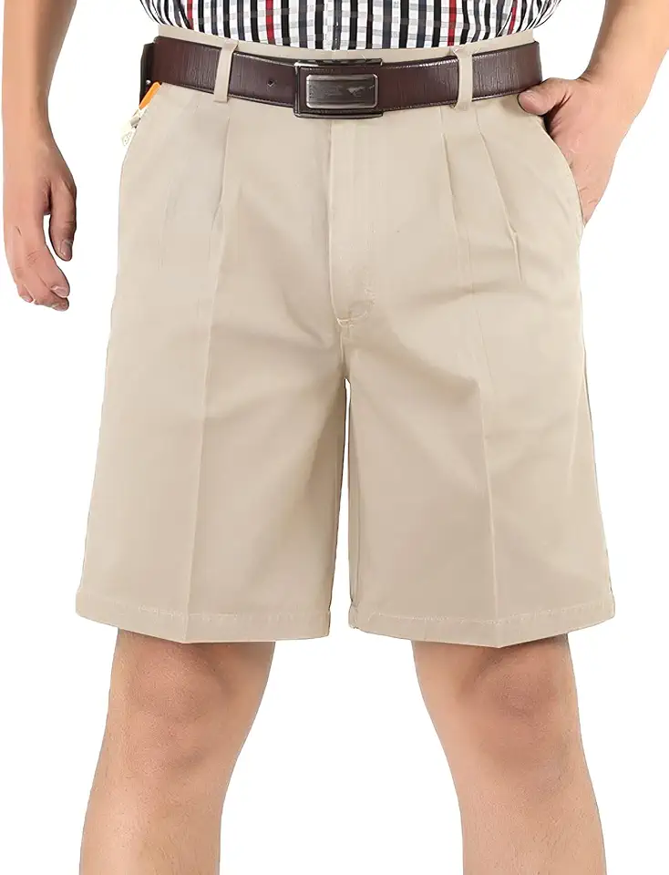 Flygo Men's Classic Fit 7'' Inseam Chino Oxford Shorts Pleated Flat Golf Shorts