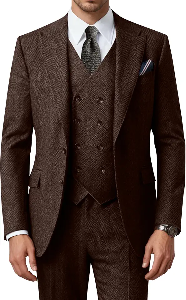 Men's Herringbone Tweed 3 Piece Suit Set