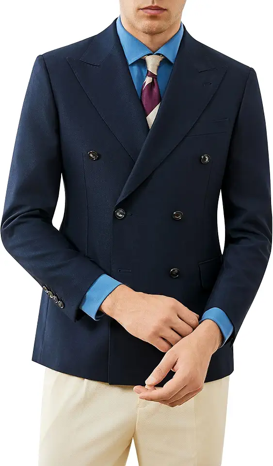 Men's Classic Navy Blue Blazer Double Row Gold Button Dress Jacket