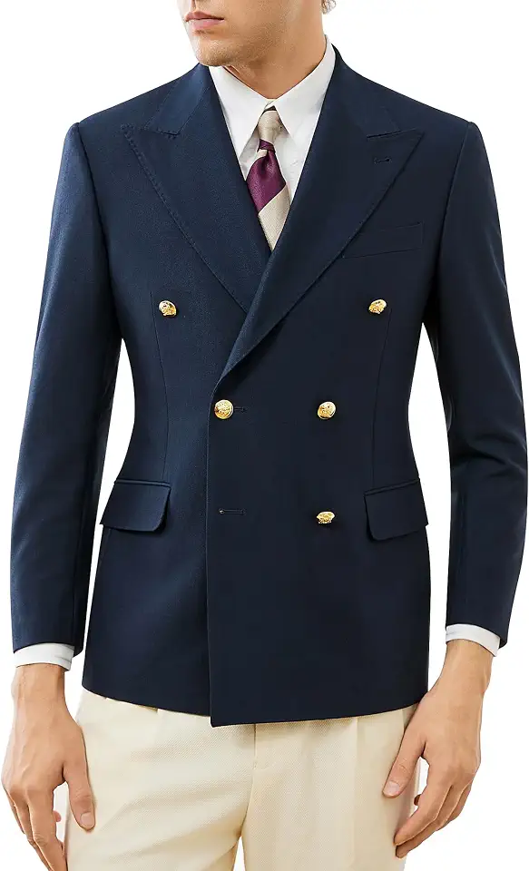Men's Classic Navy Blue Blazer Double Row Gold Button Dress Jacket