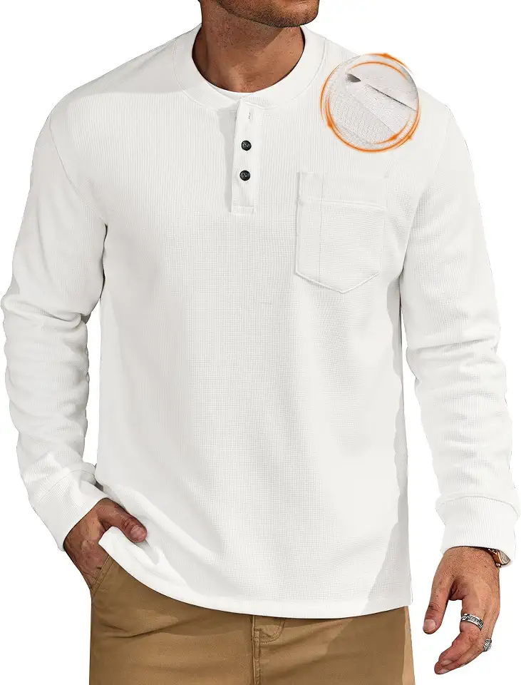 VOGSTART Mens Waffle Fleece-Lined Henley Heavyweight Thermal Pullover