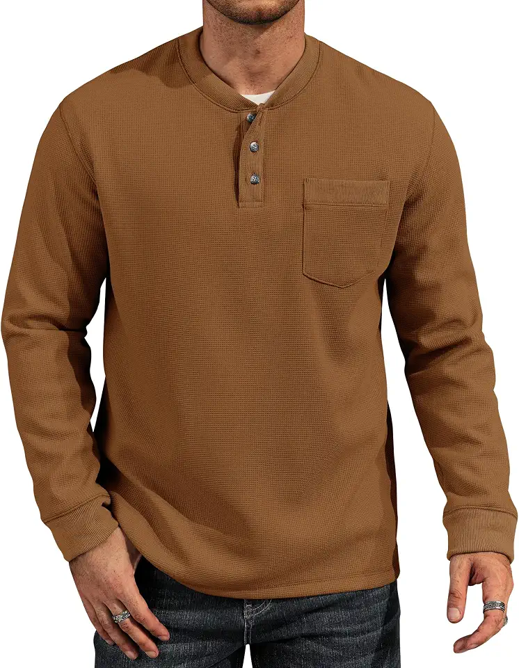 VOGSTART Mens Waffle Fleece-Lined Henley Heavyweight Thermal Pullover