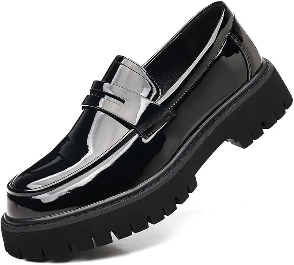Men's Patent Leather Platform Chunky Loafers - Classic Toe Lug Sole Business Casual Slip-On Penny Shoes