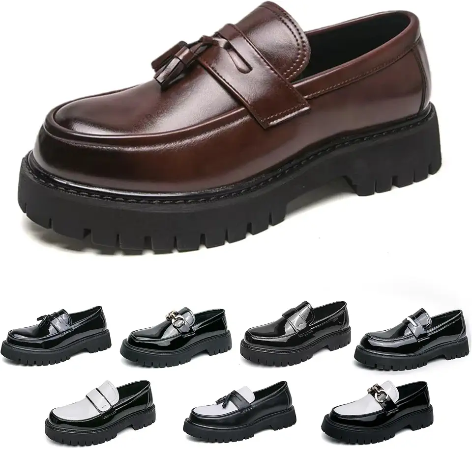 Men's Fashion Black and White Two Tone Chunky Platform Penny Loafers Classic Slip-On Lug Sole Business Work Dress Shoes Daily Non-Slip Shock Absorbing Casual Shoes Large Size 5.5-14