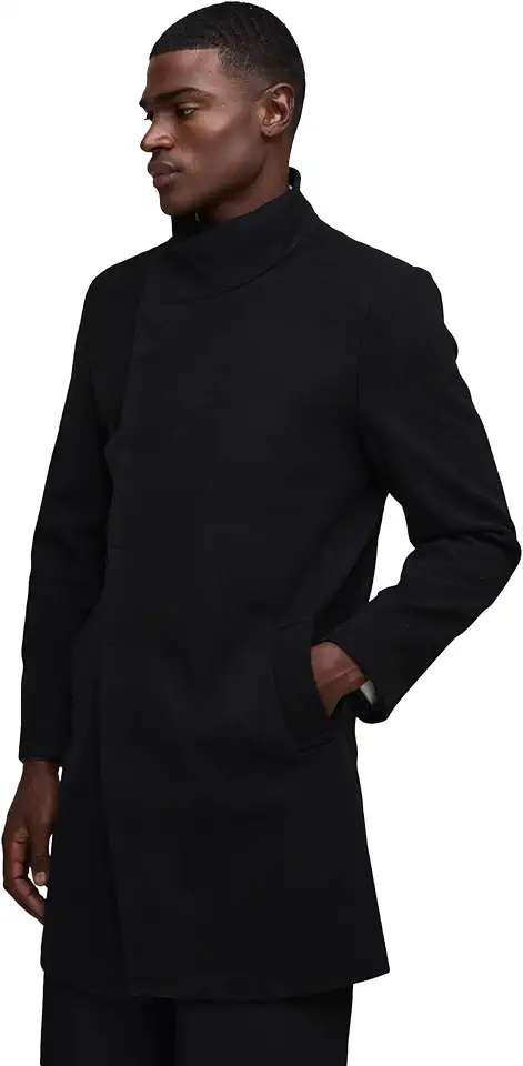 Men's Navy Funnel Neck Wool Overcoat