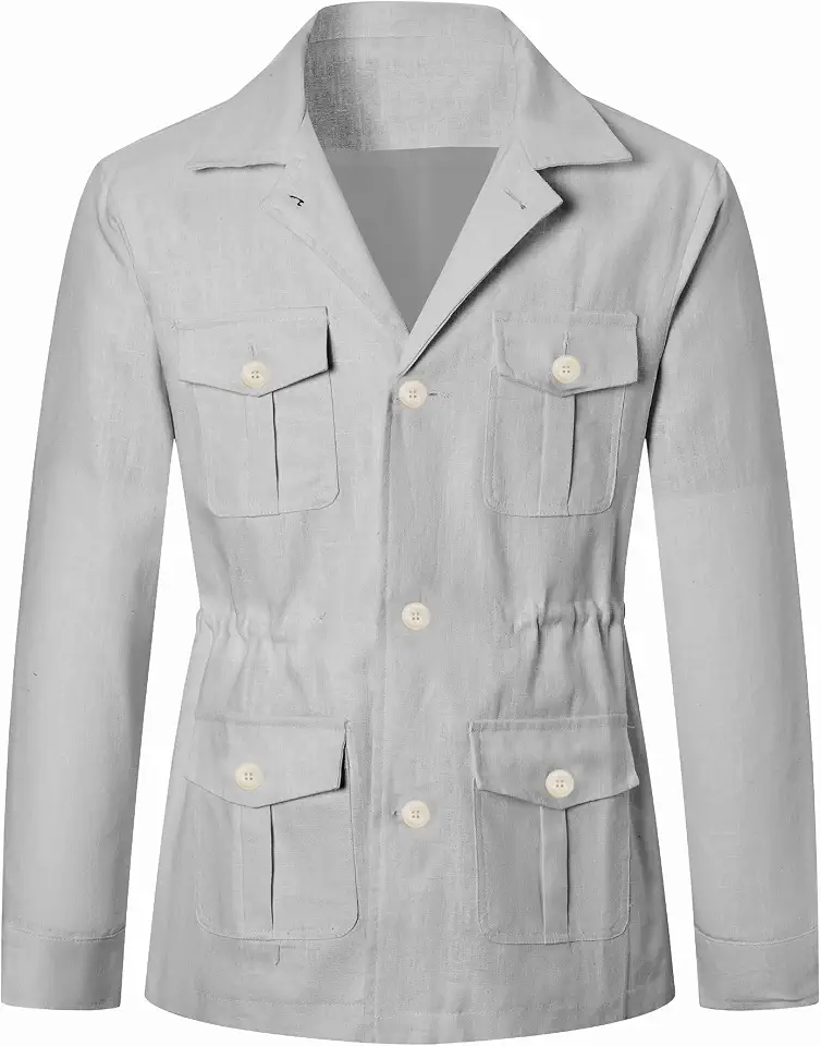 Betusline Men's Safari Linen Long Sleeve Military Cargo Jacket