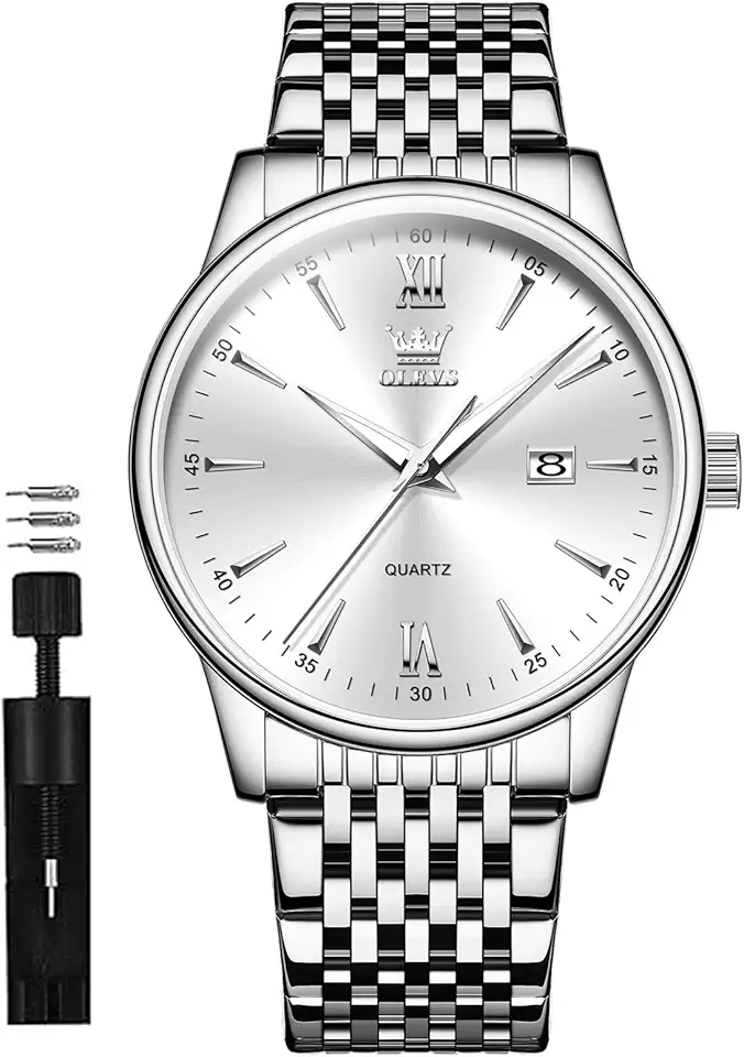 OLEVS Mens Silver Watches Classic Luxury Waterproof Watch for Men Analog Quartz Stainless Steel Men's Dress Watches Casual Wrist Watch Large Face with Day Date Relojes para Hombres