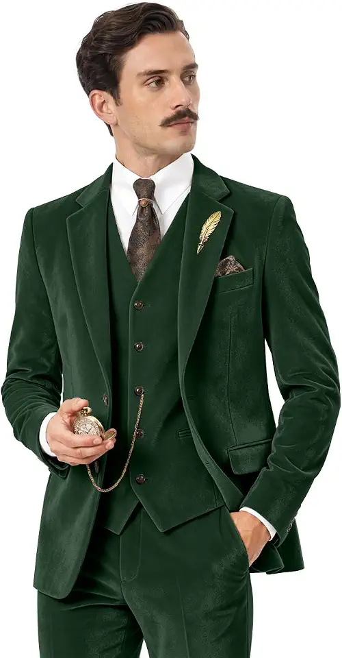 Global Recycled Standard Retro Velvet Mens Suit 3 Piece Set Slim Fit Suits Jacket Blazer Vest Pants